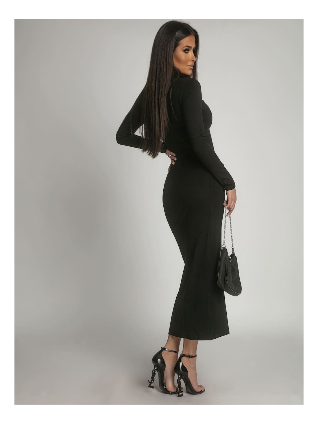 Smooth dress with long sleeves and a turtleneck, black FG678